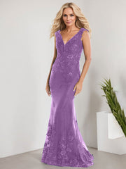 A-line V-Neck Floor-Length Lace Chiffon Mother of the Bride Dress With Applique Sequins Mermaid Dresses