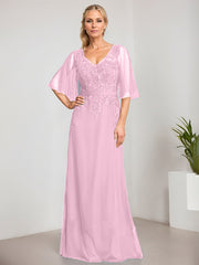 A-line V-Neck Floor-Length Lace Chiffon Mother of the Bride Dress With Sequins Beading