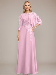 A-line Scoop Illusion Floor-Length Chiffon Lace Mother of the Bride Dress With Ruffle Sequins Beading
