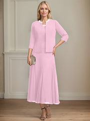 Separates A-line Scoop Tea-Length Chiffon Mother of the Bride Dress With Sequins Beading