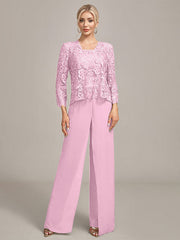 Silver Chiffon Pant and Lace Top Mother of The Bride Wide Pant Suits
