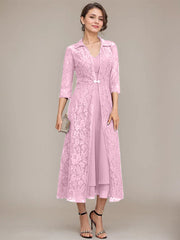 A-line V-Neck Tea-Length Chiffon Mother of the Bride Dress