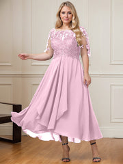 A-line Boat Neck Illusion Asymmetrical Lace Chiffon Mother of the Bride Dress With Cascading Ruffles Sequins
