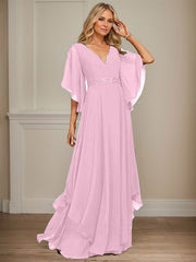 A-line V-Neck Floor-Length Chiffon Mother of the Bride Dress With Sequins Appliques Lace Beading