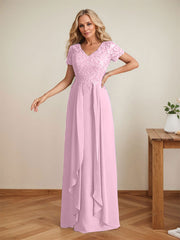Elegant A-Line Chiffon V-neck Mother of the Brides Dresses Lace Top MOB Dresses