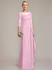 A-line Scoop Illusion Floor-Length Chiffon Lace Mother of the Bride Dress With Beading Sequins Cascading Ruffles