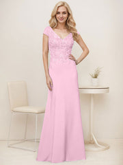 A-Line V-Neck Sweep Train Elastic Mother Of The Bride Dresses With Lace