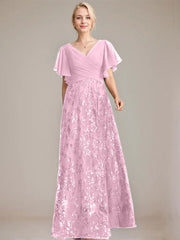 A-line V-Neck Floor-Length Lace Sequin Chiffon Mother of the Bride Dress With Pleated