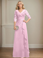 A-line Collared V-Neck Floor-Length Lace Chiffon Mother of the Bride Dress With Sequins Cascading Ruffles