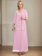 A-line V-Neck Ankle-Length Lace Sequin Chiffon Mother of the Bride Dress