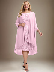 Sheath/Column Scoop Illusion Knee-Length Lace Chiffon Mother of the Bride Dress With Cascading Ruffles Sequins