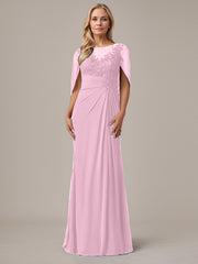 A-Line Floor-Length Boat-Neck Lace Capelet Chiffon Mother of the Bride Dress