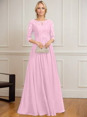 A-line Scoop Floor-Length Lace Chiffon Mother of the Bride Dress With Crystal Brooch Sequins