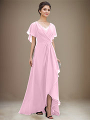 A-line V-Neck Asymmetrical Chiffon Mother of the Bride Dress With Sequins Beading Cascading Ruffles