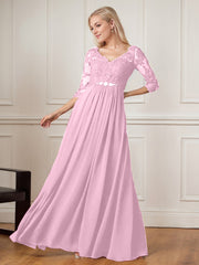 A-Line Floor-Length V-Neck Lace Chiffon Mother of the Bride Dress