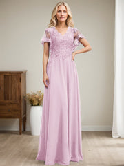 A-line V-Neck Floor-Length Lace Chiffon Mother of the Bride Dress With Sequins
