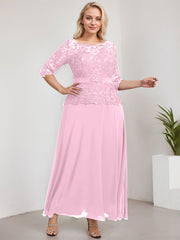 A-line Scoop Illusion Ankle-Length Chiffon Lace Mother of the Bride Dress With Rhinestone Beading