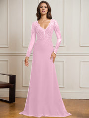 Sheath/Column V-Neck Detachable Sweep Train Lace Tulle Chiffon Mother of the Bride Dress With Sequins