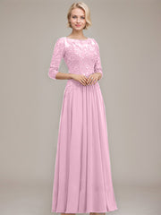 A-line Boat Neck Illusion Floor-Length Chiffon Lace Mother of the Bride Dress With Sequins Beading