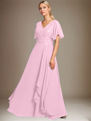 A-line V-Neck Floor-Length Lace Chiffon Mother of the Bride Dress With Cascading Ruffles Sequins