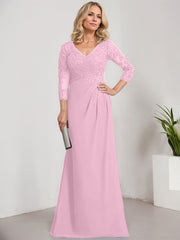 Sheath/Column V-Neck Illusion Floor-Length Lace Chiffon Mother of the Bride Dress With Pleated Sequins