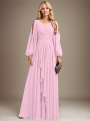 A-line Cold Shoulder V-Neck Floor-Length Chiffon Mother of the Bride Dress With Cascading Ruffles Beading