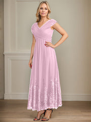 A-line V-Neck Ankle-Length Chiffon Mother of the Bride Dress With Bow Sequins Appliques Lace