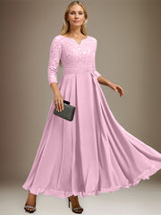 A-line V-Neck Ankle-Length Chiffon Lace Mother of the Bride Dress With Rhinestone