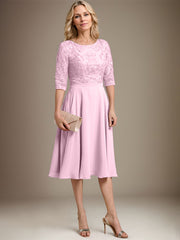 A-line Scoop Knee-Length Lace Chiffon Mother of the Bride Dress
