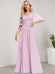 A-line V-Neck Floor-Length Lace Chiffon Mother of the Bride Dress With Sequins