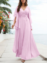 A-Line V-Neck Floor-Length Chiffon Mother Of The Bride Dresses With Appliques Lace