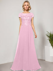 A-line Scoop Illusion Floor-Length Lace Chiffon Evening Dress With Sequins