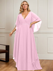 A-line V-Neck Floor-Length Chiffon Mother of the Bride Dress With Sequins Appliques Lace Beading