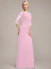 A-line Scoop Floor-Length Chiffon Lace Mother of the Bride Dress With Sequins Beading Pleated
