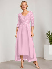 A-line V-Neck Asymmetrical Chiffon Lace Mother of the Bride Dress With Pleated Beading