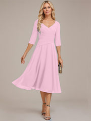 A-line V-Neck Tea-Length Chiffon Mother of the Bride Dress With Pleated