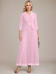 A-line Collared V-Neck Ankle-Length Chiffon Mother of the Bride Dress With Beading Pleated