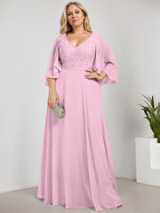 A-line V-Neck Floor-Length Chiffon Lace Mother of the Bride Dress With Sequins Beading