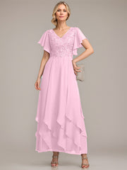 A-line V-Neck Ankle-Length Lace Chiffon Mother of the Bride Dress With Cascading Ruffles