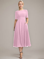 A-line Scoop Tea-Length Chiffon Mother of the Bride Dress With Appliques Lace Sequins