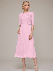 A-line/Princess Scoop Tea-Length Chiffon Mother of the Bride Dress With Lace Jacket