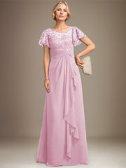 A-line Asymmetrical Illusion Floor-Length Lace Chiffon Mother of the Bride Dress With Cascading Ruffles Sequins