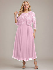 A-line Boat Neck Illusion Tea-Length Lace Chiffon Mother of the Bride Dress With Sequins