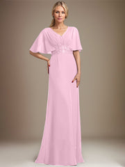 A-line V-Neck Floor-Length Chiffon Mother of the Bride Dress With Sequins Appliques Lace Pleated