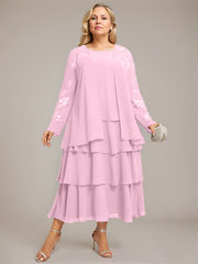 A-line Scoop Tea-Length Chiffon Mother of the Bride Dress With Cascading Ruffles