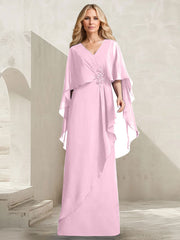 A-line V-Neck Floor-Length Chiffon Mother of the Bride Dress With Cascading Ruffles Beading