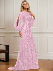 Trumpet/Mermaid Boat Neck Illusion Sweep Train Chiffon Sequin Evening Dress