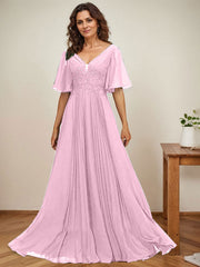 A-line V-Neck Floor-Length Chiffon Mother of the Bride Dress With Sequins Appliques Lace Pleated