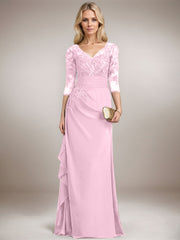 A-line V-Neck Floor-Length Lace Chiffon Mother of the Bride Dress With Cascading Ruffles