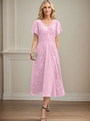 A-line V-Neck Tea-Length Lace Chiffon Mother of the Bride Dress